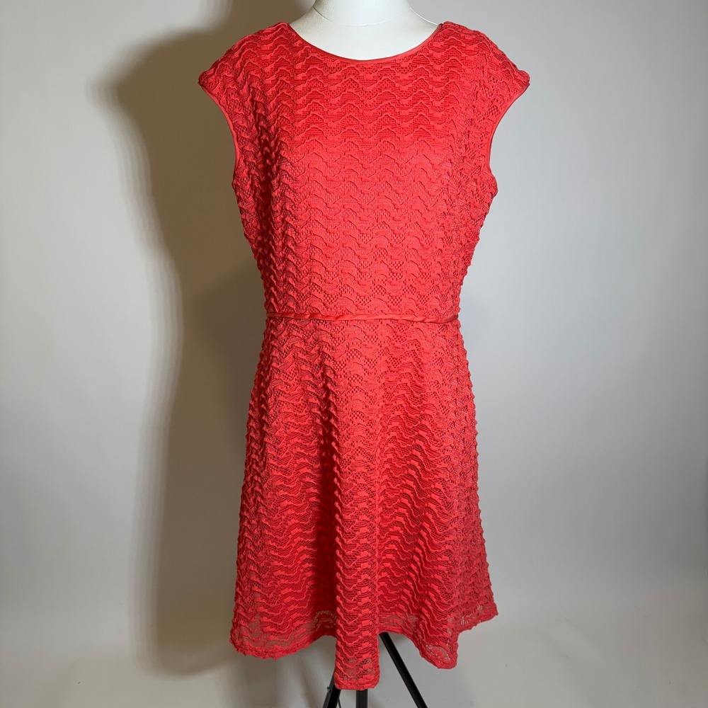 Liz Claiborne Coral Lace Fit & Flare Dress Cap Sleeves Womens Size 14 Pockets